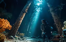 a person stands under trees in the forest