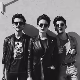 three people in front of a concrete wall
