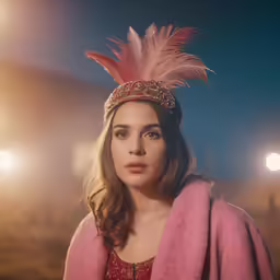 a young girl in a pink outfit wearing a large feather headdress