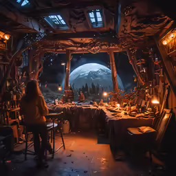 a women sitting in a dark room while staring at a moon