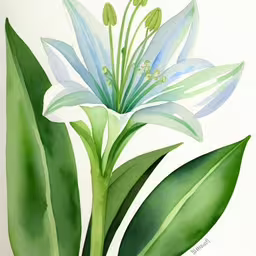 a painting of blue flower with green leaves