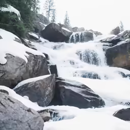 snow and ice crystals cover the water as it falls down the mountains