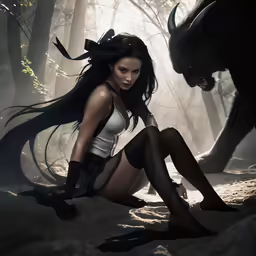 a beautiful young woman kneeling down next to an animal