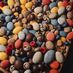 a tray full of different types of rocks and nuts