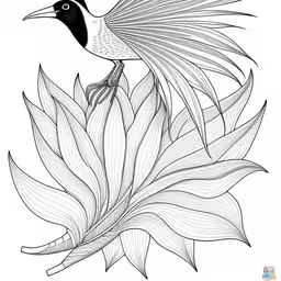 a bird flying over flowers that are black and white,the bird is perched on a big flower