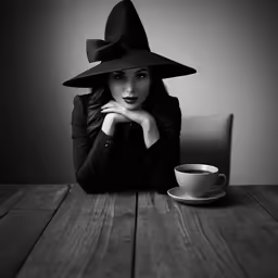 a woman in a hat sitting at a table