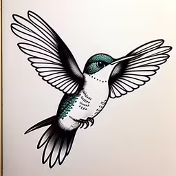 a hummingbird flying on white paper with blue accents,an ink painting of a hummingbird flying in the sky