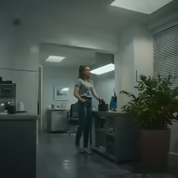 a woman is standing near a microwave in a white room