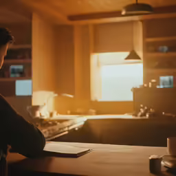 a person sitting at a counter in a kitchen