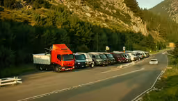 large truck semi - trailers line up on the side of the road,a line of trucks driving down a street near trees