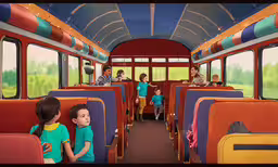 children are inside of the little bus,children are sitting on the seats in the train car