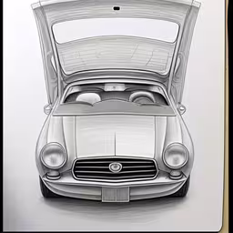 a drawing of a mercedes benz in the back,an illustrated drawing of a silver car with its hood open