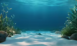 the underwater view shows grass and stones
