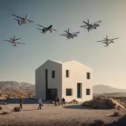 an image of planes flying above houses