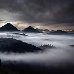 fog is rolling down from behind a mountain range