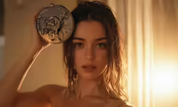 a woman is standing in the sun holding a clock