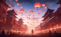 a man is walking towards lanterns flying above