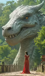 a woman standing in front of a giant dragon statue