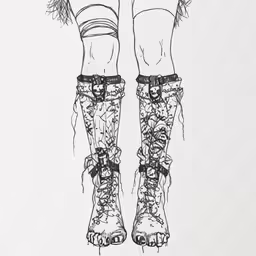 drawing of boots with laces and floral designs on white paper