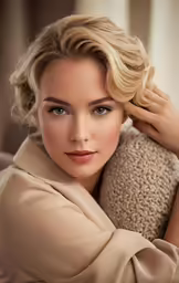 a woman wearing a beige coat posing for a photo