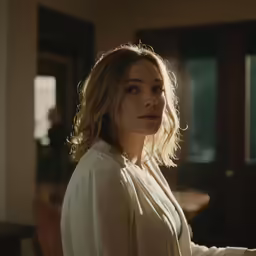 a blonde woman sits by a window in the sun