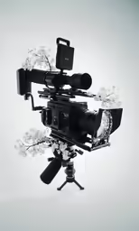 the camera is in a tripod with white flowers
