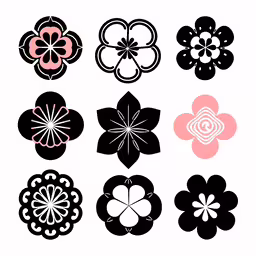 some different colored flower designs on white,six flower designs are shown on white paper