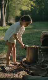 the little girl is standing by the metal pot