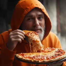 man in orange jacket eating pizza on a plate