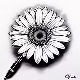 a drawing of a daisy being inked in to paper,an ink painting of a white flower