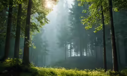 the woods are illuminated by bright light and a foggy sky
