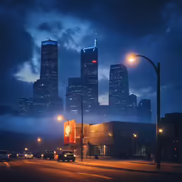 the city with skyscrapers on a cloudy evening