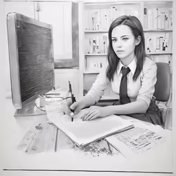 a black and white image of a woman writing on a paper
