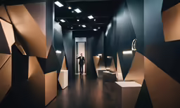 the man is standing next to the white and black room