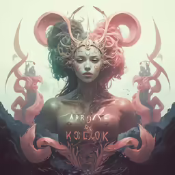 a beautiful young lady with horns around her head, in a painting