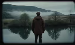 a person standing in front of a river while the fog hangs in