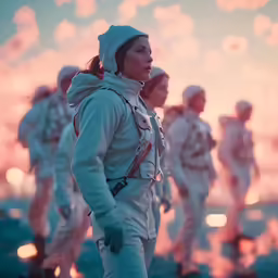 an old photo of some women in space suits