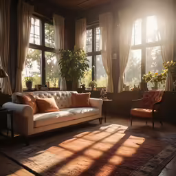 the living room has many windows, sofas, and potted trees