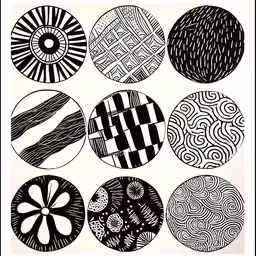 black and white illustration of several circular objects,some abstract art work in black and white