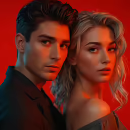a man and woman standing together in front of red background