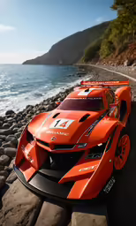 a orange race car is parked on the road