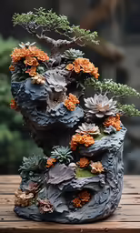 a close up of a pine tree with succulents on it