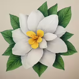 a white and yellow flower with leaves on it