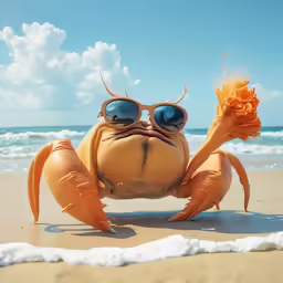 a close up of an angry crab with sunglasses on the beach