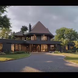 a large brown house with an outside walkway