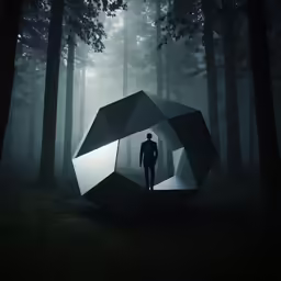 a man standing inside of a giant object in the middle of a forest