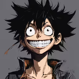 the head and chest of an anime character, smiling at something with very big eyes