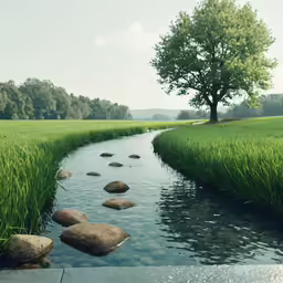 a river running through a lush green forest filled with lots of rocks