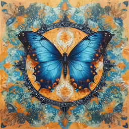 a blue butterfly sitting on top of a orange background