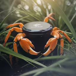 a large crab is perched up inside of a small container
